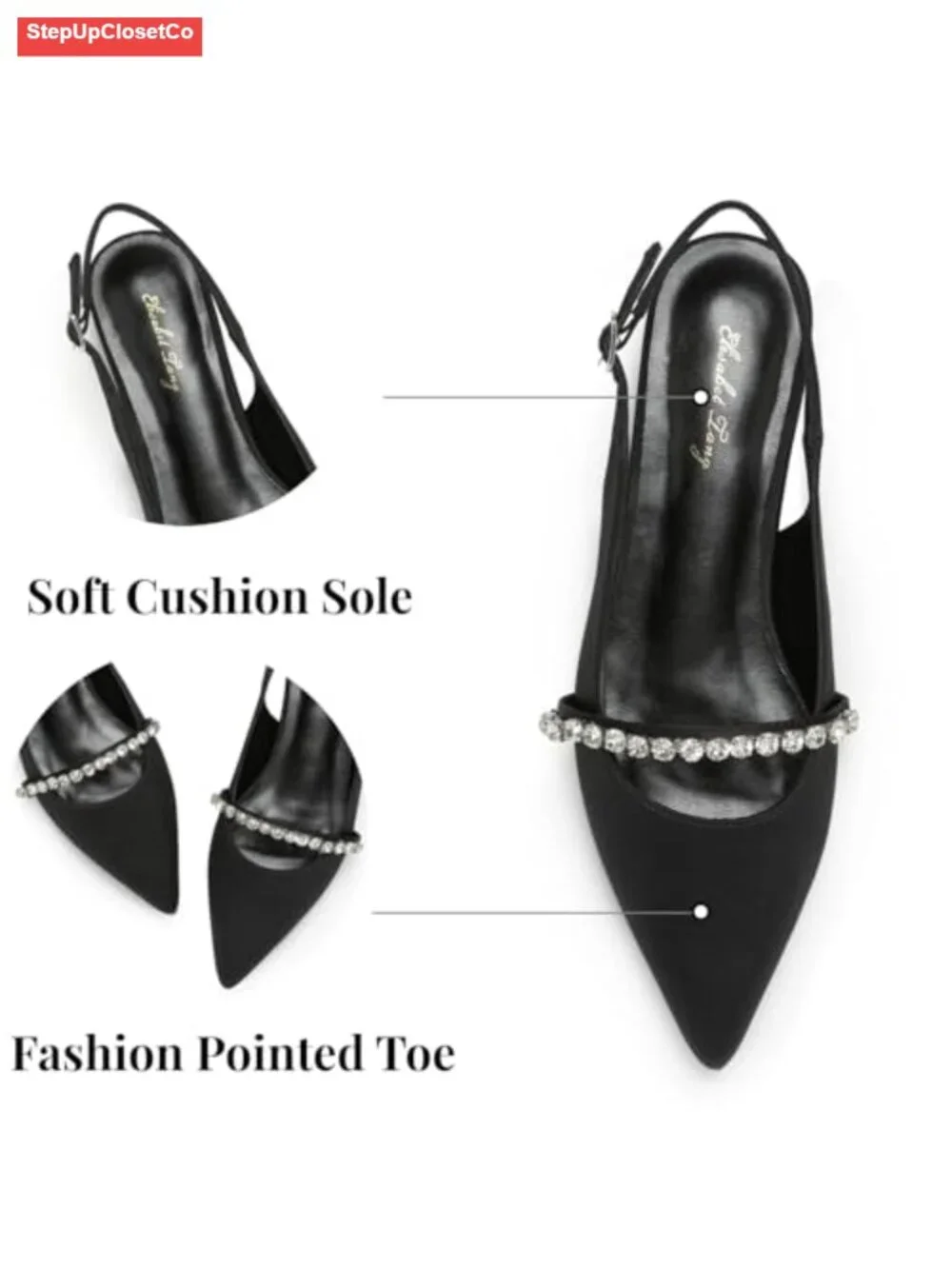 Rhinestone Slingback Flats Women Pointed Toe Dressy Comfortable Low Heel